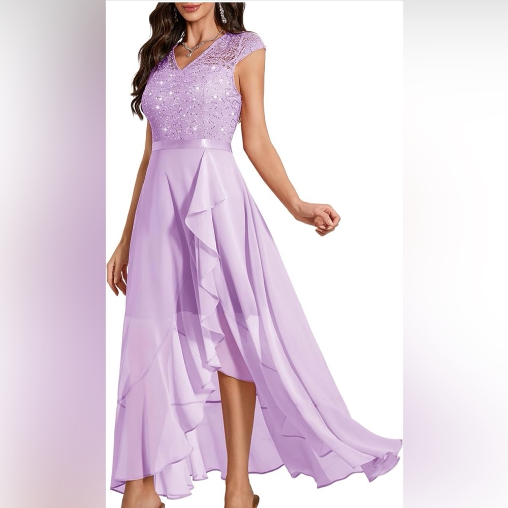Bbonlinedress Cocktail Formal Sequin Floral Lace V-Neck Cap Sleeve Evening Dress